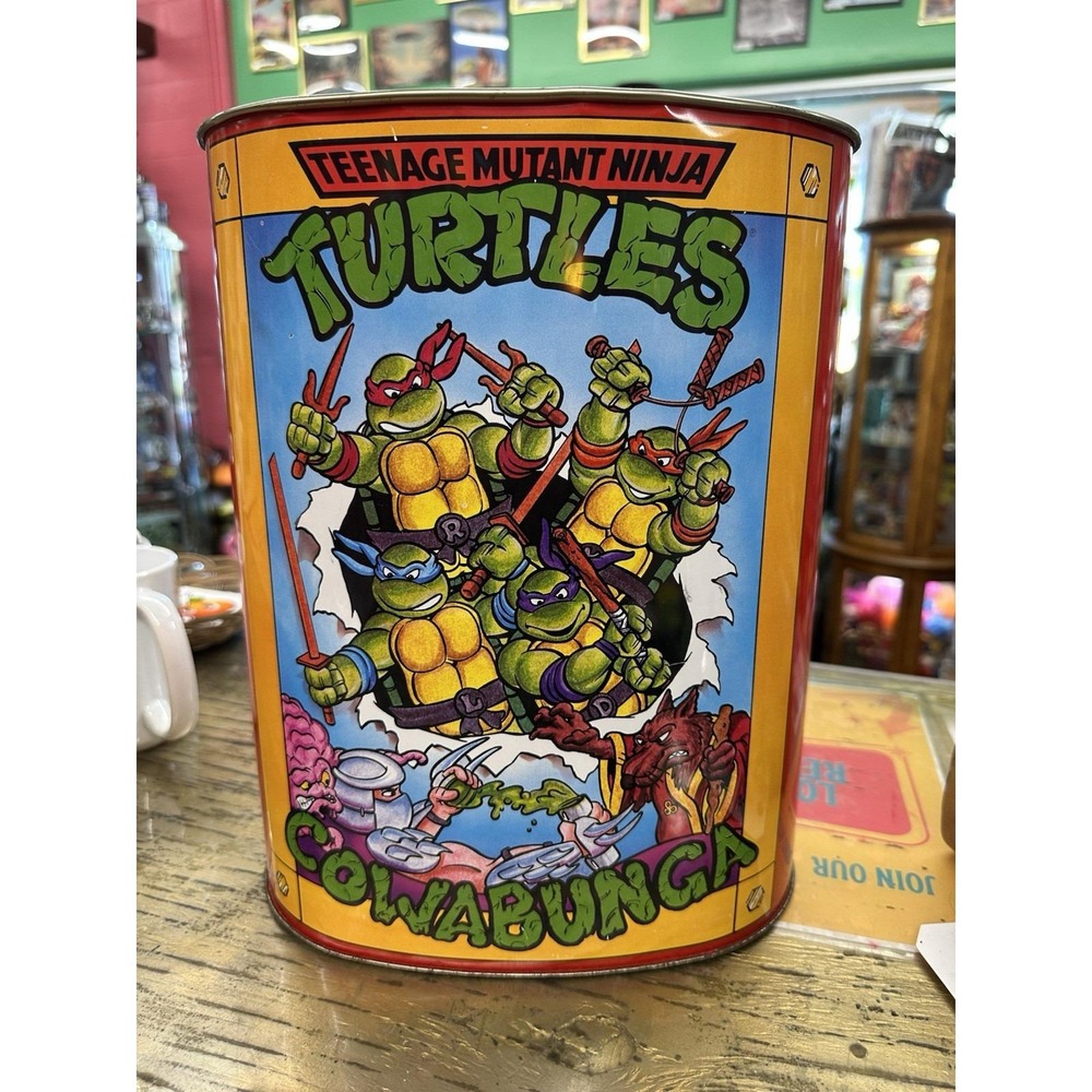 1989 Teenage Mutant Ninja Turtles TMNT Metal Tin Trash Can Wastebasket 80s